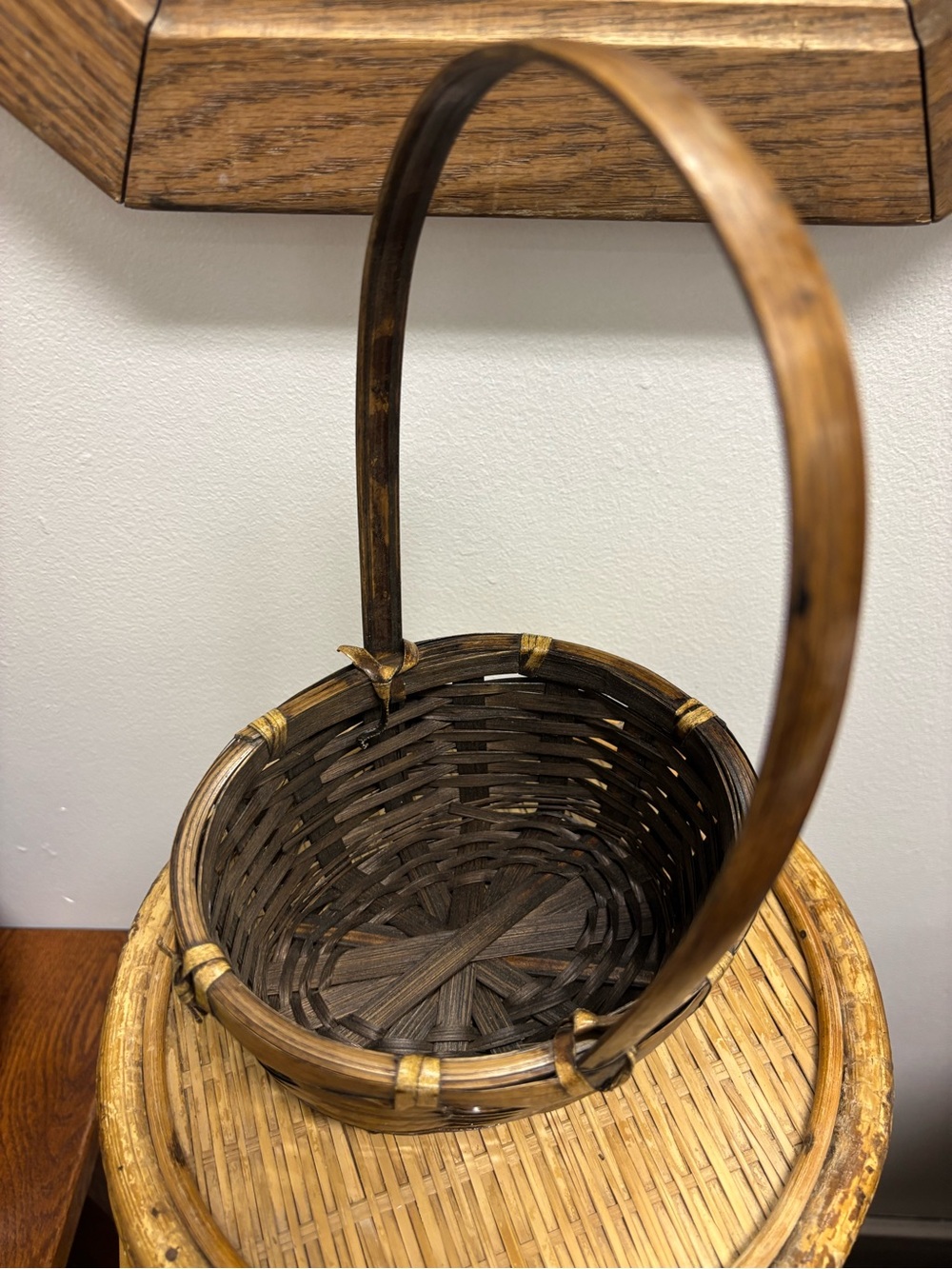 Handwoven Brown Wicker Basket with Tall Handle by